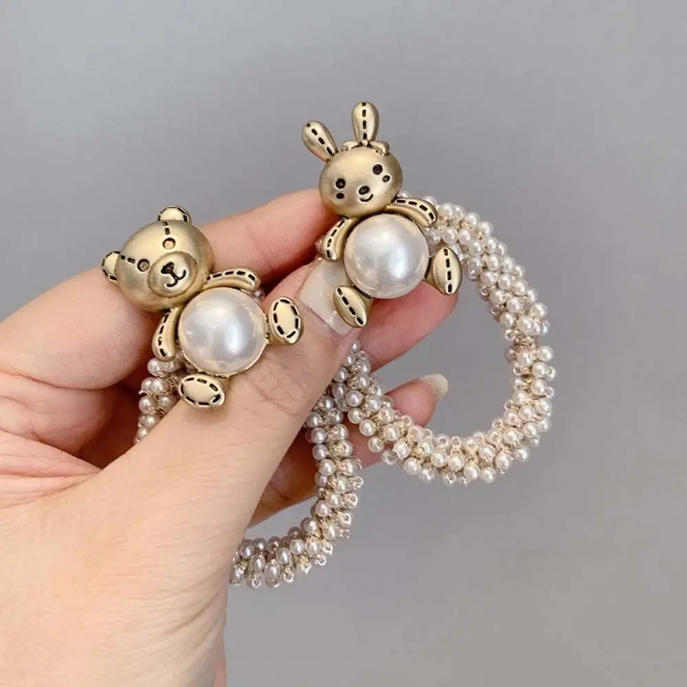 

Резинка для волос с жемчугом для девочек, Милый Винтажный держатель для хвоста с медведем, Кроликом, цветком, заколка для волос