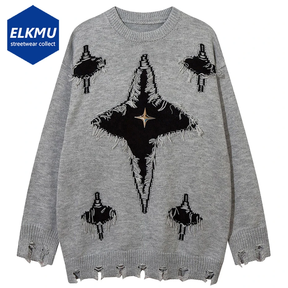 

2023 Sweater Men Star Patchwork Oversized Hip Hop Knitted Sweaters Harajuku Y2K Pullover Sweater Knit Jumper for Male