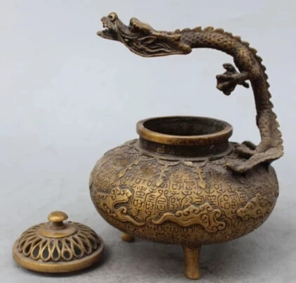 

RHS0192 8"Marked Chinese Buddhism Temple Pure Bronze Copper Dragon incense burner Censer