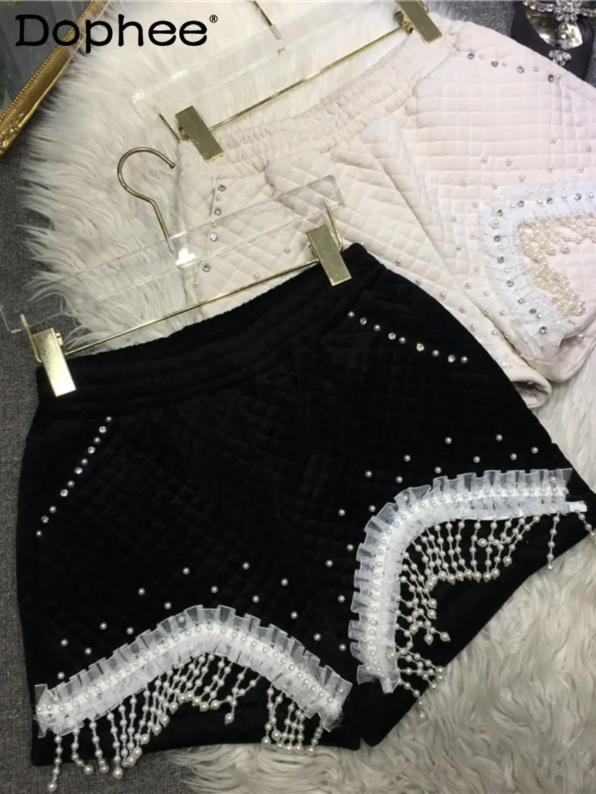 

Heavy Industry Beads Lace Tassel Black Shorts Women Elastic High Waist Thick Cotton Boot Pants 2022 Fall Winter New Booty Shorts