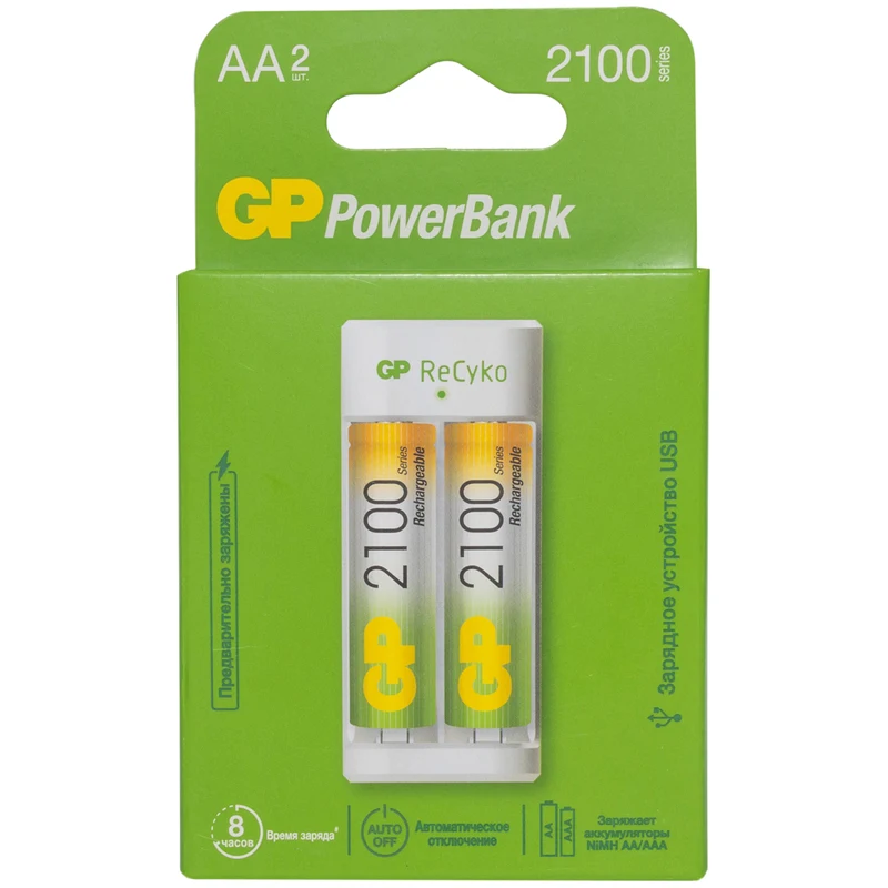 Зарядное устройство GP E211210AAHC 2CRB2 + 2шт акк. AA (HR06) 2100mAh (USB) (арт. 324200)|Зарядные