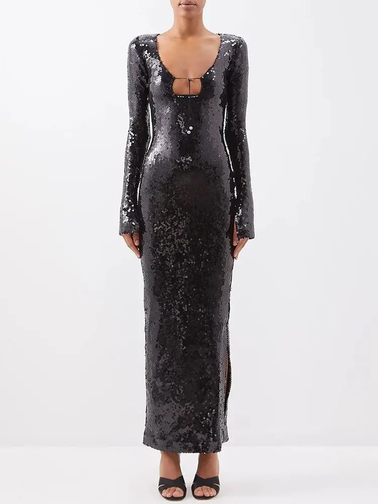 

Женское длинное платье с блестками, элегантное роскошное вечернее платье знаменитости с глубоким V-образным вырезом и длинным рукавом, лето 2023