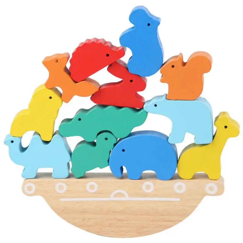 

Children Montessori Wooden Animal Balance Blocks Board Games Toy Dinosaur Educational Stacking High Building Block Wood Toys
