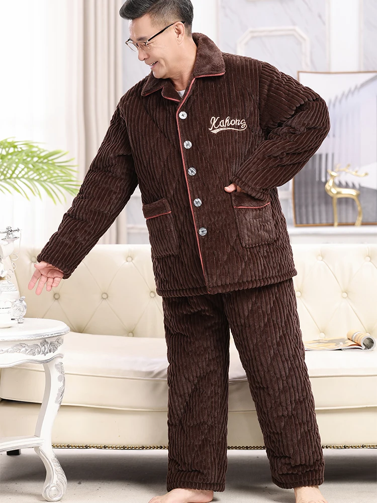 Fat Pajamas Men's Winter Coral Fleece Four-Layer Thickened Quilted Set 50.00kg Plus size Dad Middle-Aged and Elderly Home Wear