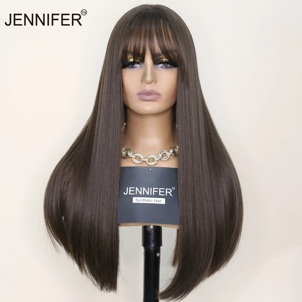 

Синтетические парики для женщин, длинные искусственные челки, термостойкие волоконные, коричневые, черные/коричневые, полный механизм, Кос...