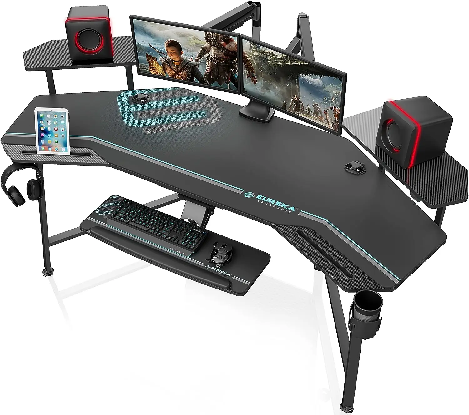 

Desk with Led Lights, 72" Large Wing-Shaped Studio Desk W Keyboard Tray Monitor Stand Dual Headphone Hanger Cup Holder for L