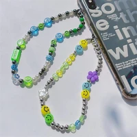2022 trendy green letter phone chain women resin smiley beads mobile strap charm key anti lost lanyard cellphone pendant jewelry