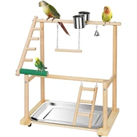wooden parrot bird playground with standing two feeders and pet toys