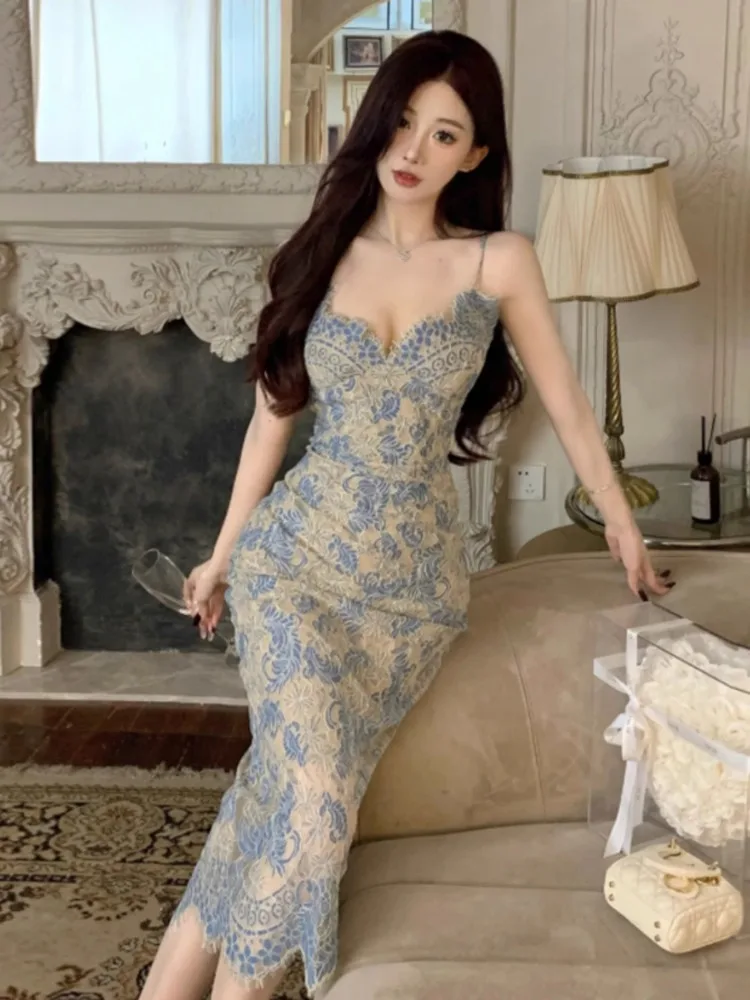 Сексуальные кружевные женские платья Kimotimo с цветочным принтом на бретелях