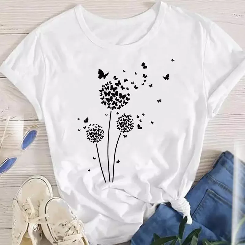 

Women Clothes Dandelion New Butterfly Fashion Lady Short Sleeve Print Tops O-neck Tees Female Summer Tshirt Graphic T-Shirt