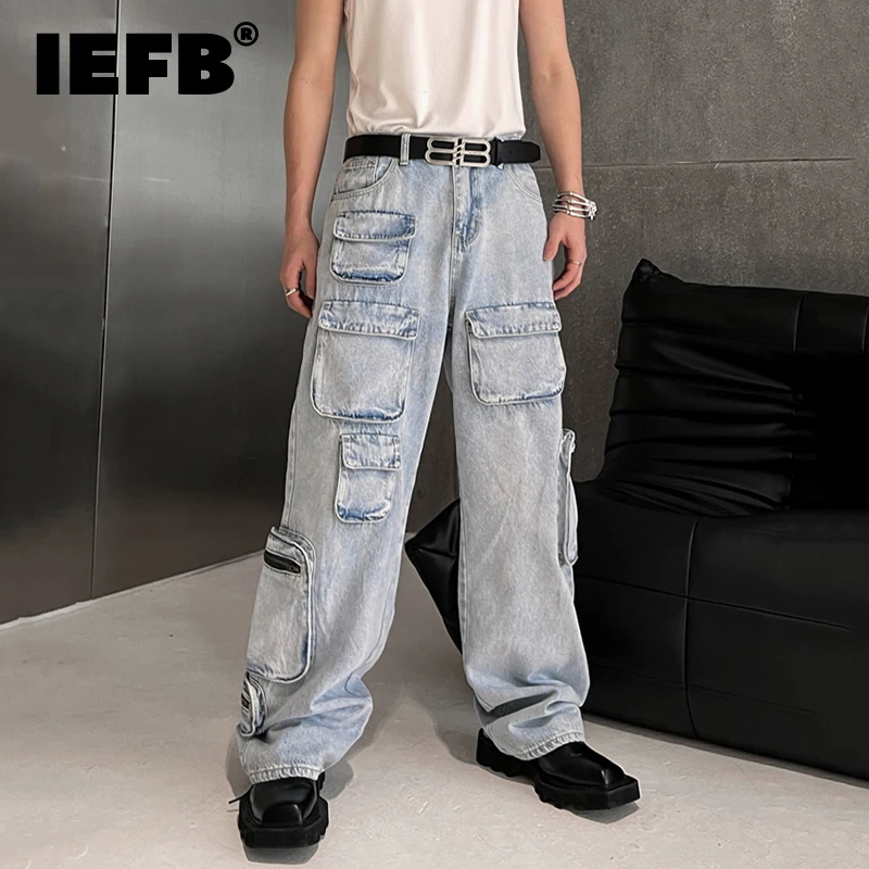 

IEFB Summer Vintage Baggy Jeans Niche Men's Multiple Pockets Washed Workwear Denim Pants Male Straight Wide Leg Trousers 9C1084
