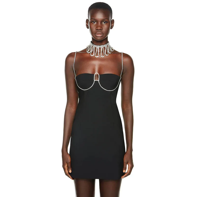 

2022 Women Sexy Fashion Crystal Diamond Black Bandage Dress Spaghetti Strap V Neck Mini Celebrity Bodycon Party Dress Vestido