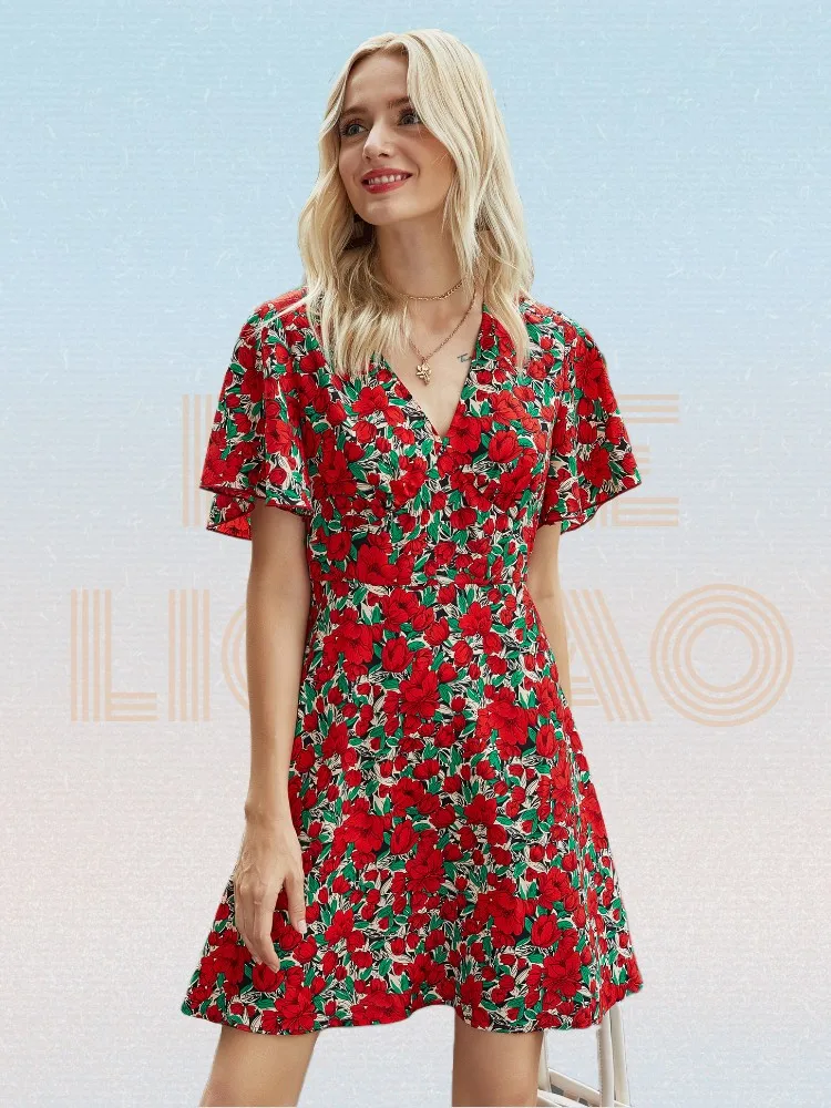 

Женское платье, весна-лето 2021, новое Повседневное платье из полиэстера, красное платье с V-образным вырезом и коротким рукавом, сексуальное ж...