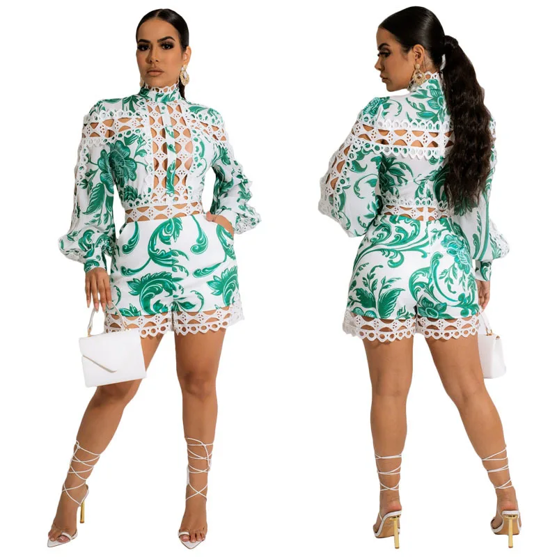 

Fashionable Hollow Out Lace Women Bodysuit Party Clubwear Elegant Printing Long Sleeves Stand Neck Shorts Jumpsuit Autumn
