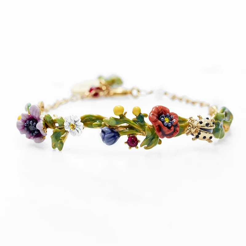 

China Enamel Color Glaze Fresh Daisy Diamond Purple Flower Ladybird Adjustable Bracelet Pulsera Pareja Valentine's Day Gift