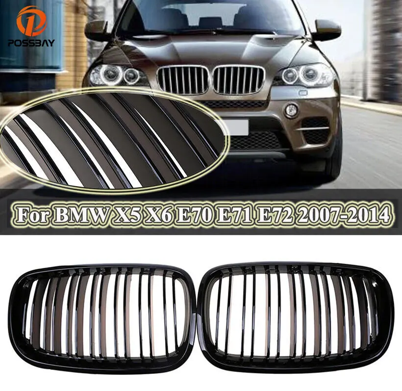 

POSSBAY Car Gloss Black Grilles for BMW X5 E70 X6 E71 40dX/40iX/50iX 2007-2013 Front Bumper Center Wide Kidney Hood Grills