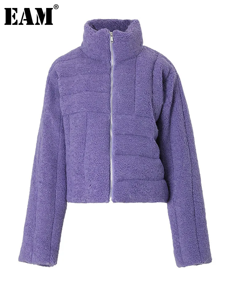 [EAM] Purple Lambswool Big Size Cotton-padded Coat Long Sleeve Loose Fit Women Parkas Fashion New Autumn Winter 2022 1DF3089