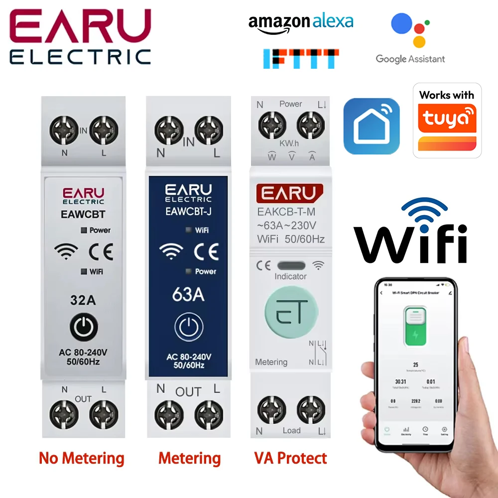 

Умный автоматический выключатель Tuya с Wi-Fi, таймер 1P + N 63А, мощный измеритель напряжения и силы тока в кВтч, протектор, голосовой пульт дистанционного управления