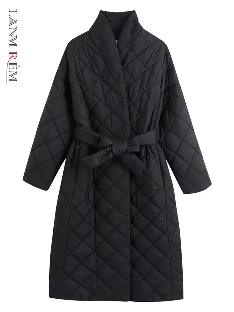 

LANMREM/хлопковое пальто однотонное теплое Свободное пальто в клетку с v-образным вырезом и длинным поясом 2022 г. Осенне-зимняя женская модная од...