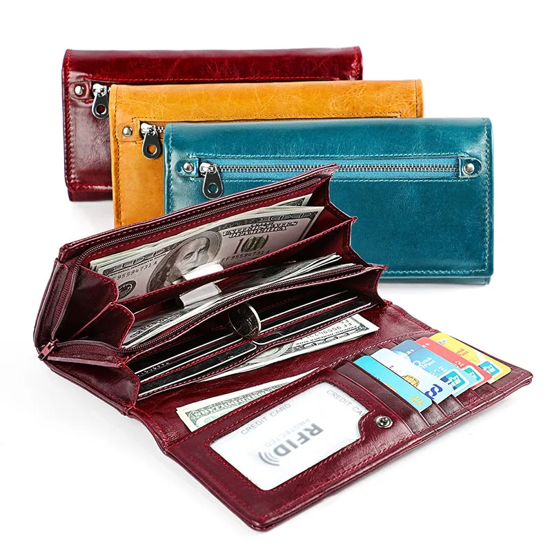 

New Fashion Women Wallets Genuine Leather Solid Long Wallet Purse Vintage Female Clutch RFID Card Holder Coin Bag Cartera Mujer