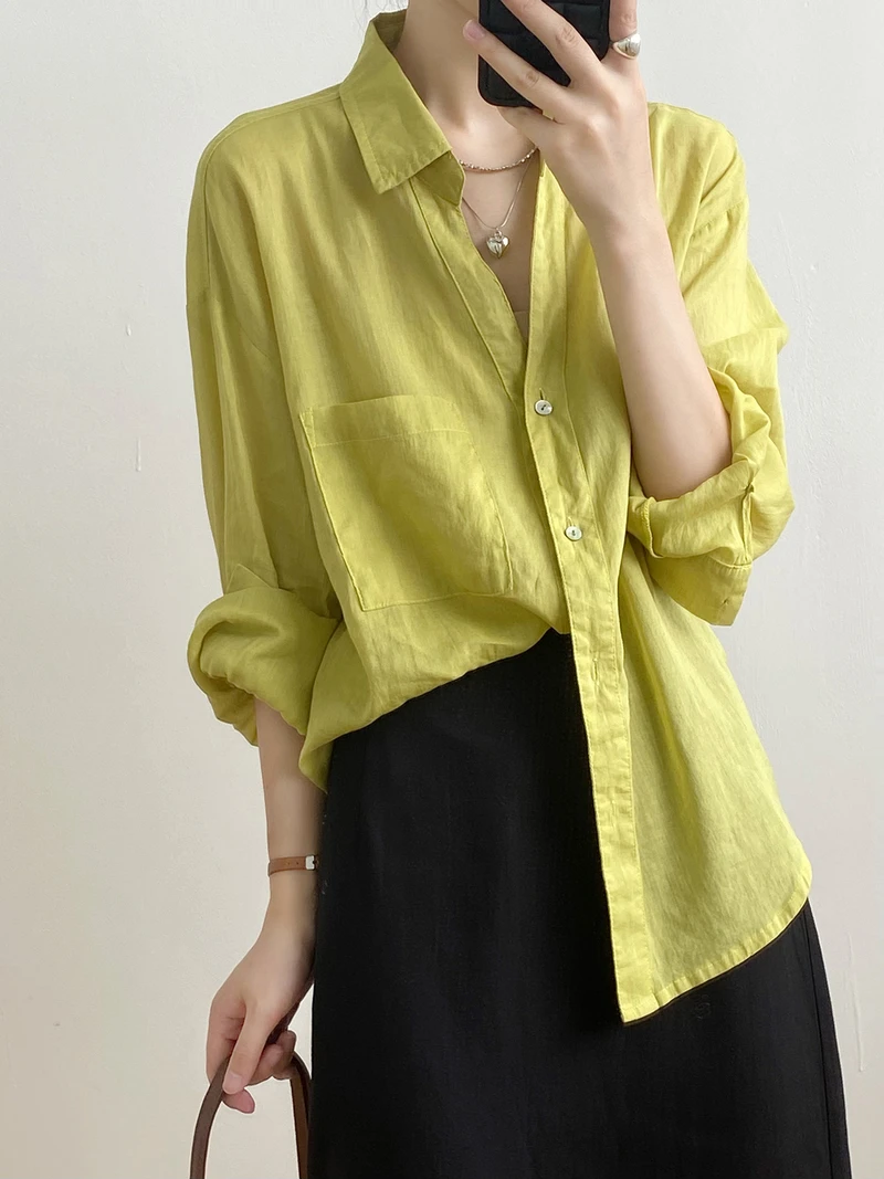 

Autumn Button Up Shirt Fashion Loose Sweet Elegant Plain Thin Air-permeable Shirts Women Long Sleeve Ladies Cotton Flax Blouses