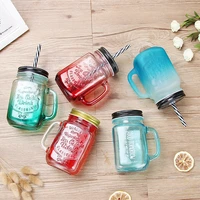 gradient color glass cups creative juice drink transparent with metal cover straw coffee cup office kitchen handle mason cup