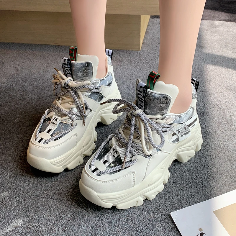 

Comfy Breathable Mesh Trainers Chunky Heels 5cm Women's Platform Sneakers Women Shoes Casual Female White Mesh Shoes For Woman