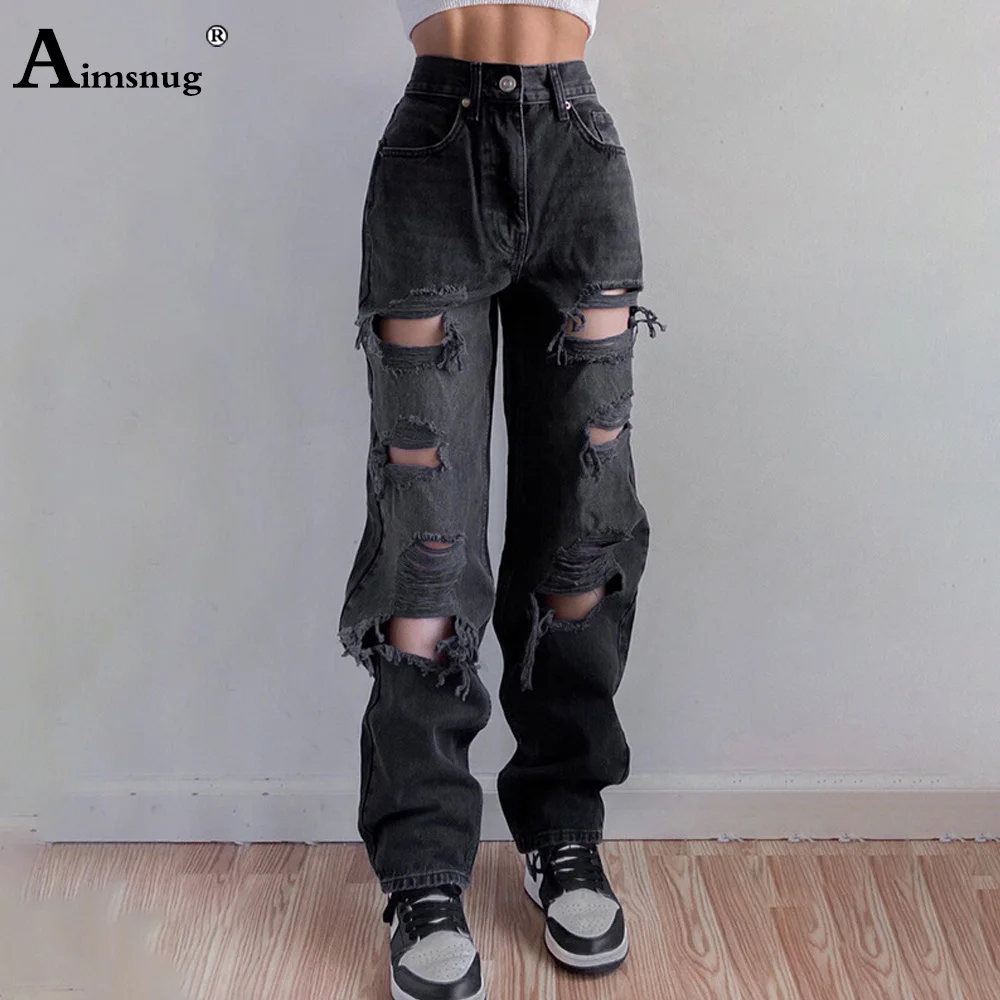 Aimsnug 2023 Vintage High Waist Jeans Demin Pant Women Straight Leg Denim Jeans Korean Fashion Hole Ripped Demin Trousers Femmes