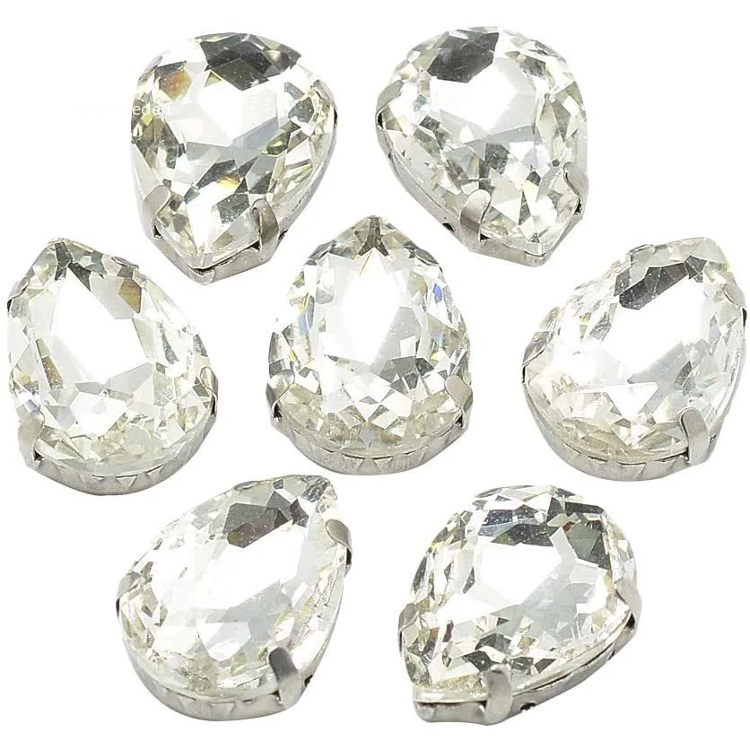 

50 Pcs Clear Drop Glass Sew on Rhinestone with Platinum Tone Brass Prong Settings for Garments Accessories or Jewelry Making