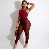 2022 summer two piece set women club outfits sleeveless basic bodysuits and mesh transparent ruched skinny legging party suits