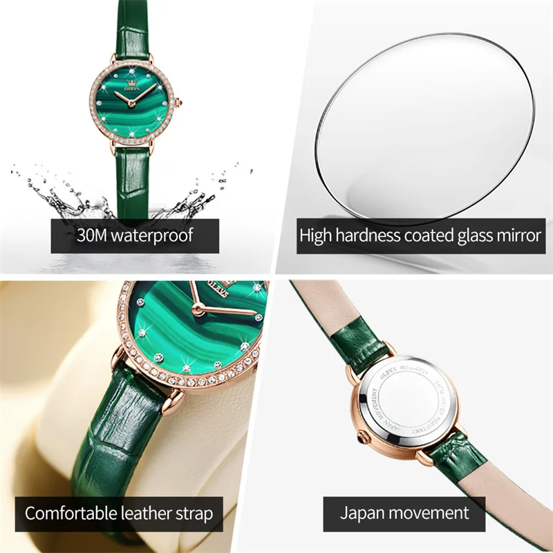 OLEVS 2023 New Luxury Women Watch Top Brand Fashion Waterproof Green Leather Strap Diamond Ladies Quartz Wristwatch Montre Femme