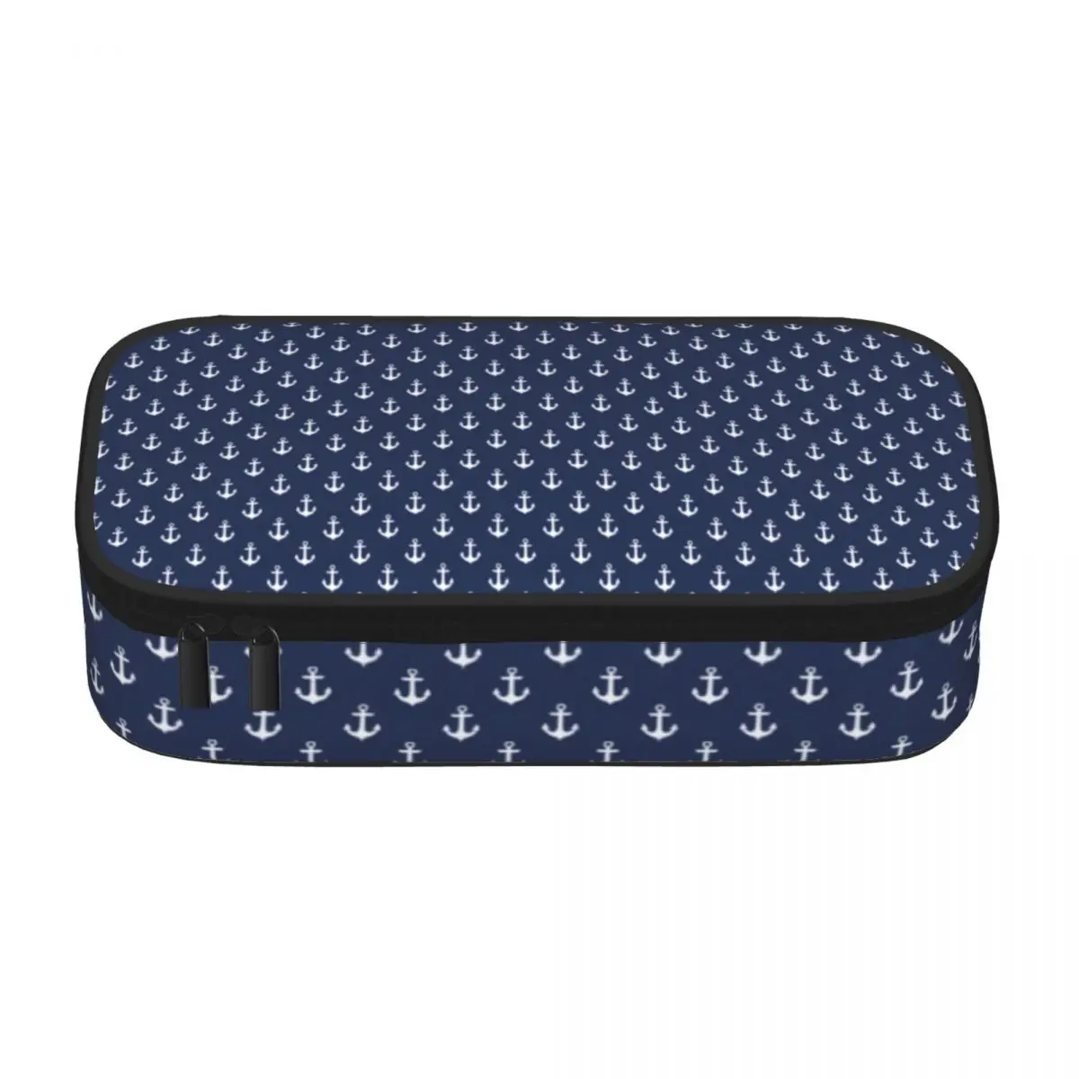 Nautical Print Pencil Case Navy Blue Anchors Vintage Large Zipper Pencil Box Elementary School For Child Pen Organizer