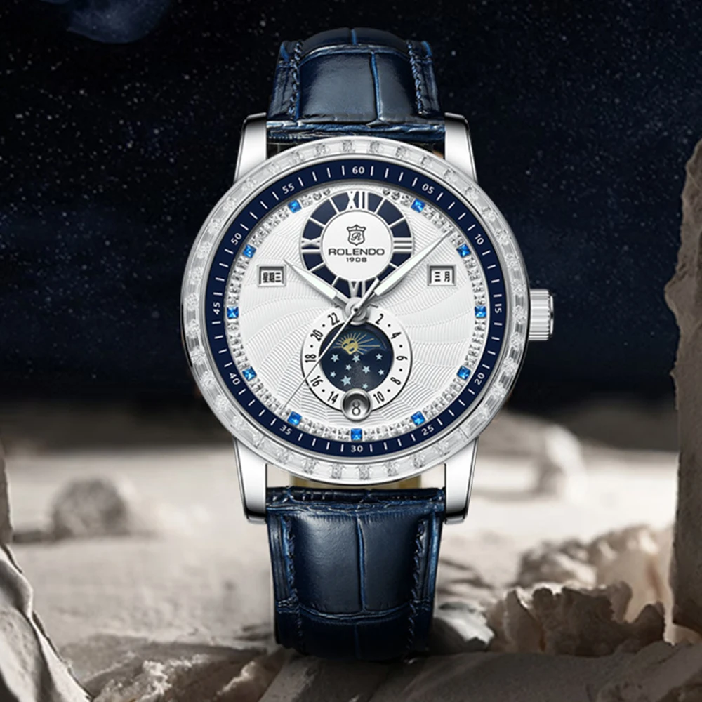 

Rolendo Automatic Watch Men Luxury Mechanical Wristwatches Top Brand Moon Phase Watch 43mm Sapphire Glass Waterproof Clocks 2023