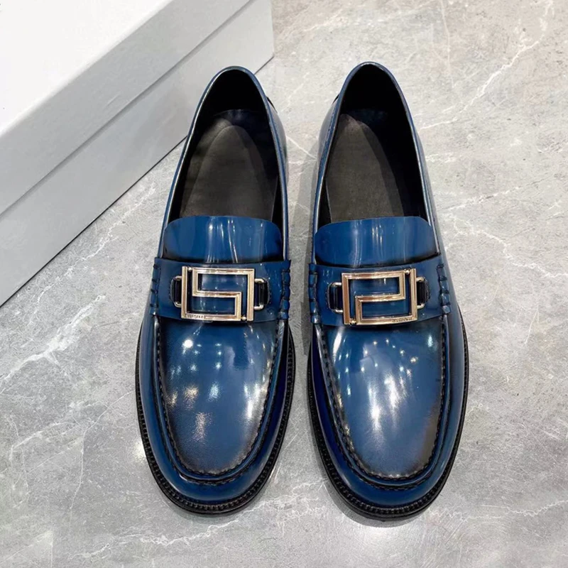 

Men's Blue Brushed Leather Penny Loafers Round-toe Thick-heeled Single Shoe British Style Leisure Shoes