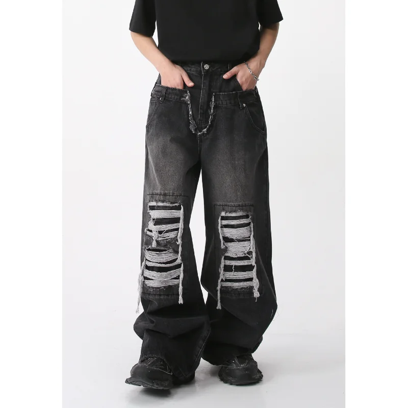 Jeans Casual Denim Pants Loose Wide Leg Patch Hole Hip-hop Men Spring 2023 New Product