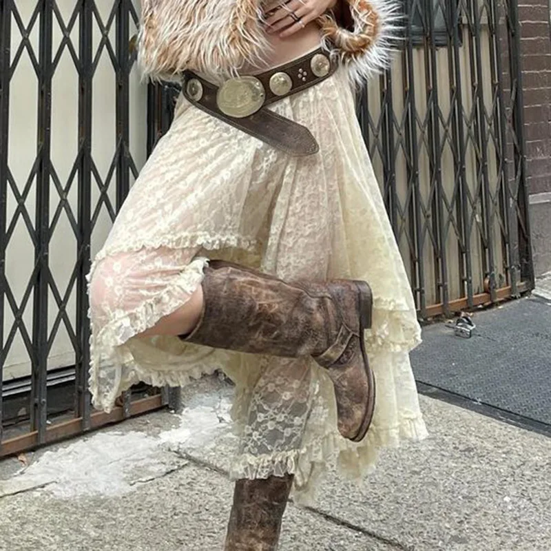 

2023 Summer Fairycore Boho Asymmetrical Lace Midi Skirts Womens Low Waist A Line Skirt Vintage Holiday Outfits