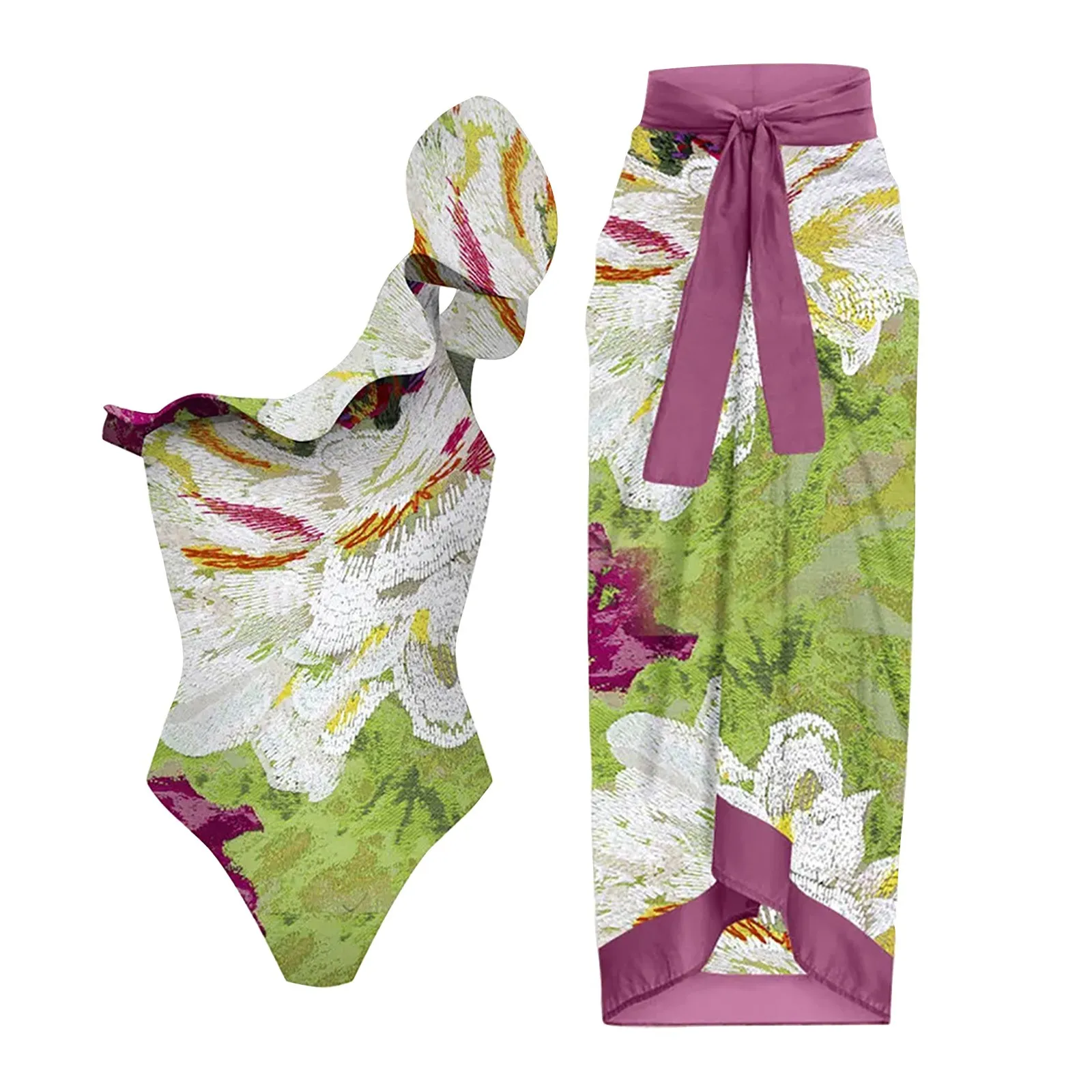 

One Shoulder Ruffled Print Swimsuit Set Women Bathing Suits Two Piece Shorts