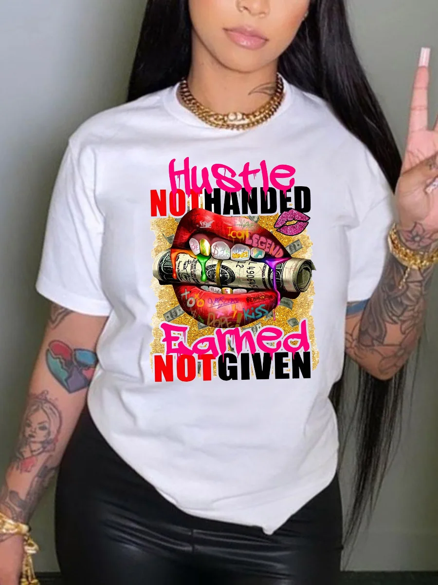 

2022Women's Short Sleeve Round Neck White Short Sleeve T-shirt Fashion Lips Dollar Print T-Shirt Top Female Tee