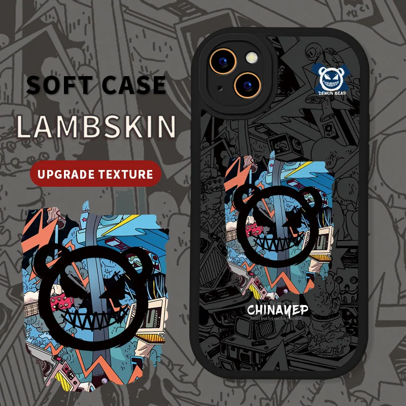 

Doodle Devil Lambskin PU Leather Case for iPhone 14 12 11 Pro Max 14 Plus 12 Mini Soft Silicon Shockproof Cover