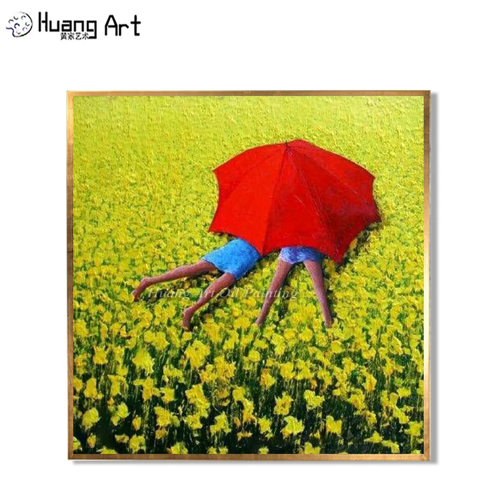 

New Handmade Modern Oil Painting on Canvas Lover Lying Under Red Umbrella Yellow Pastoral Scenery Artwork Paintings Landscape