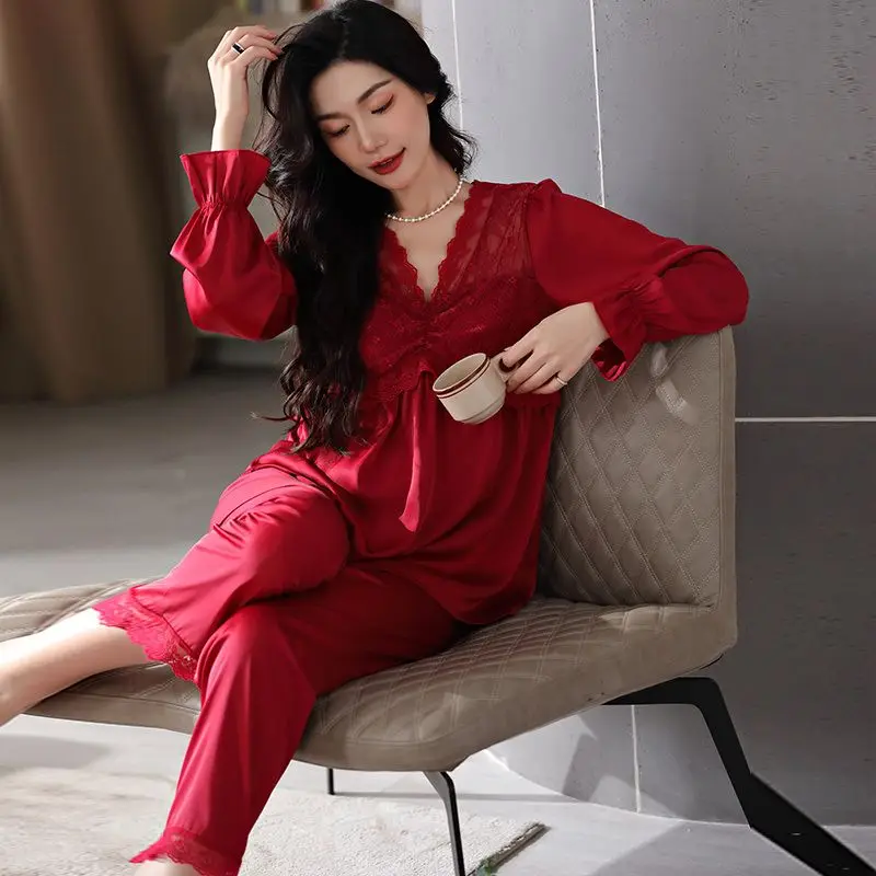 1 Pajamas Women's Spring and Autumn Ice Silk Thin Long Sleeve Large Size 2023 New Home Clothes