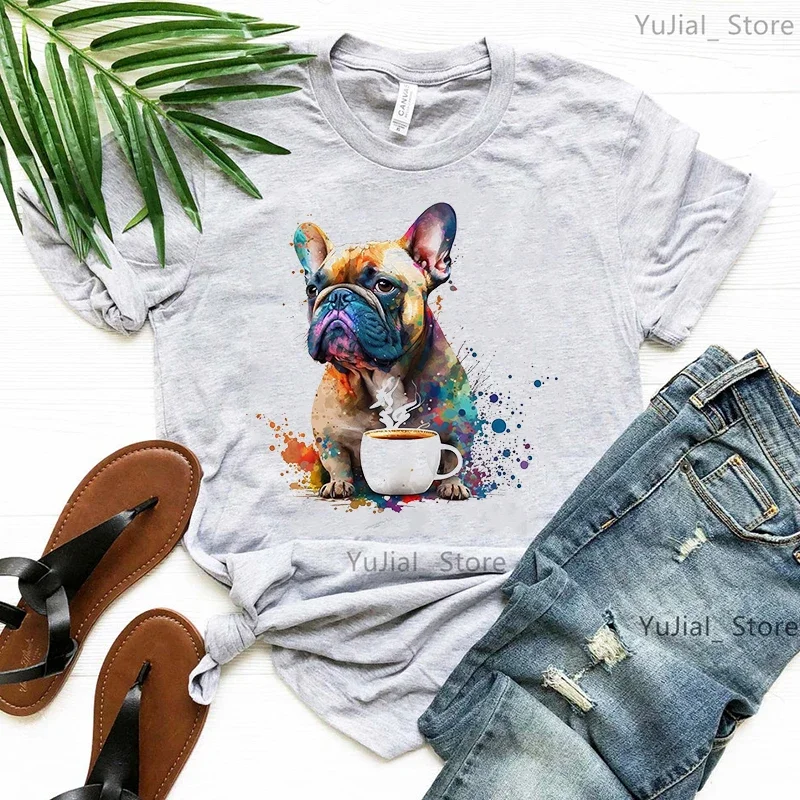 Акварельная Футболка с принтом французского бульдога щенка любовь кофе женская