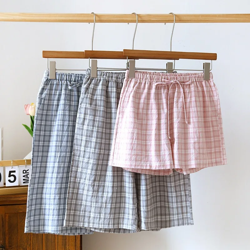

1 New Summer Couple Plaid Shorts Washed Cotton Thin Pajama Pants Lounge Sleep Wear for Women Men Bottoms Night Pants