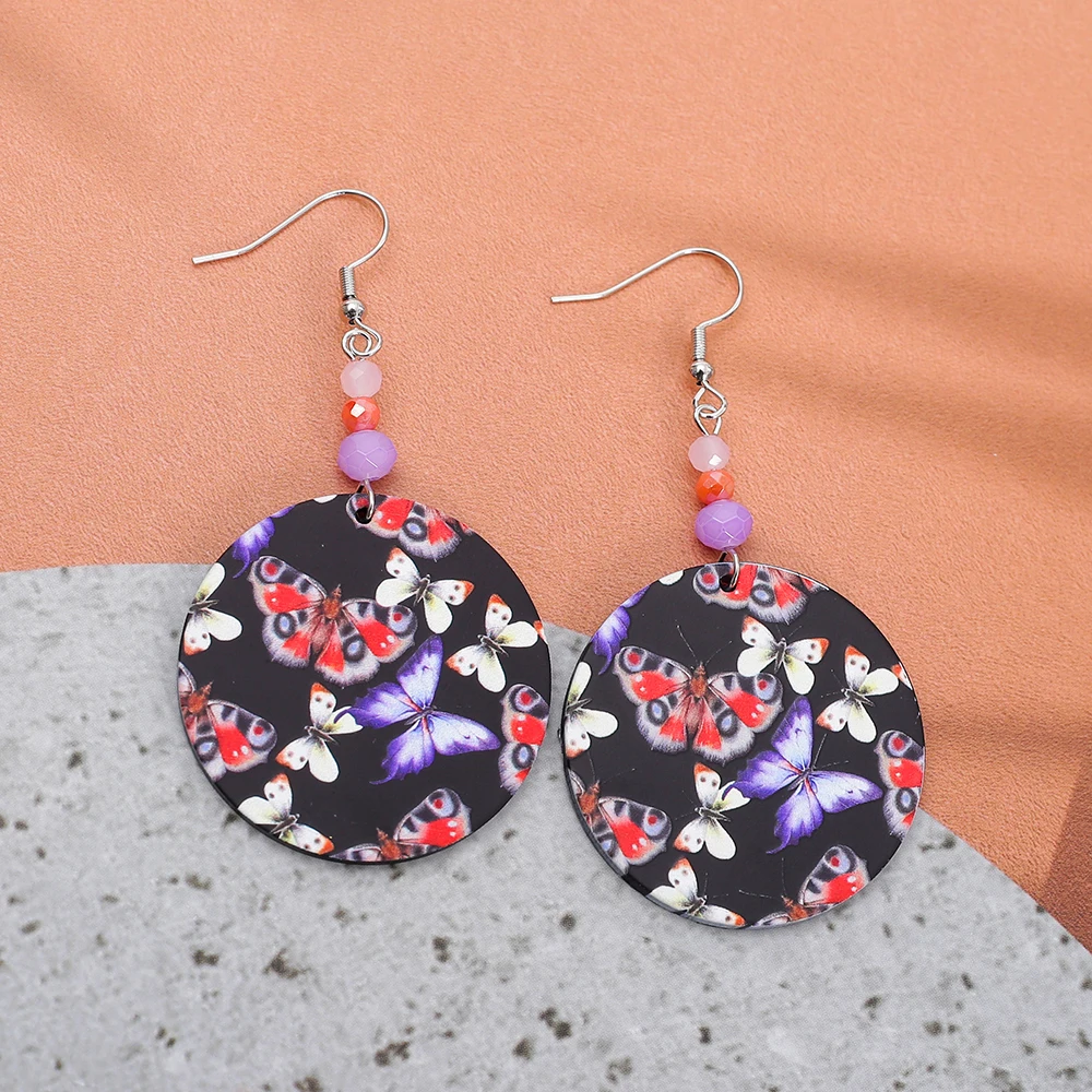 Новые модные круглые черные акриловые висячие серьги с принтом бабочки Relievo для