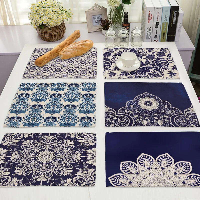 

Blue Cotton and Linen Fabric Home Kitchen Accessories Living Room Bedroom Study AccessoriesThermal Insulation Cup Cloth Placemat
