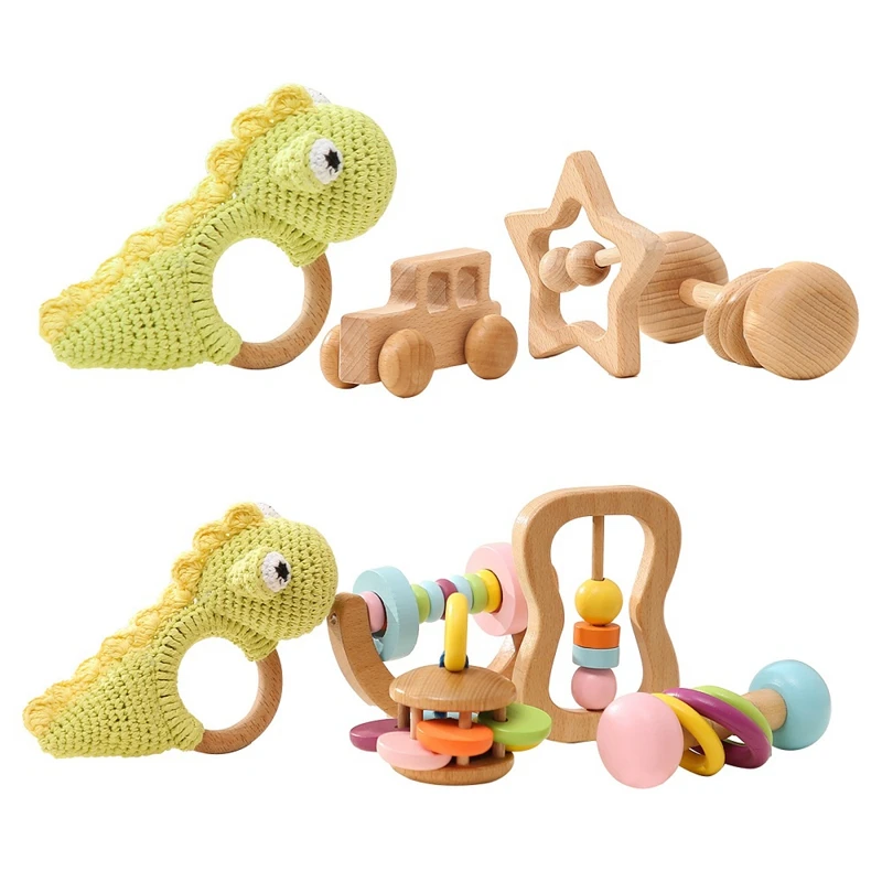 

Wooden Baby Rattle Toys Set Crochet Dinosaur Baby Teether Gym Music Rattle Wood Ring Car Star Dumbbell Teething Toys Kids Gifts