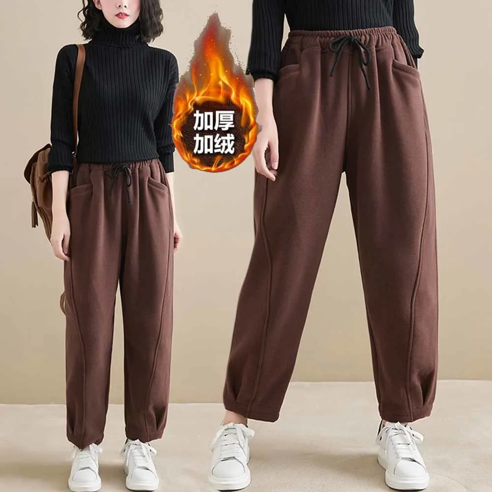 

Осенне-зимние женские утепленные свободные брюки с эластичным поясом, универсальные повседневные хлопковые однотонные шаровары