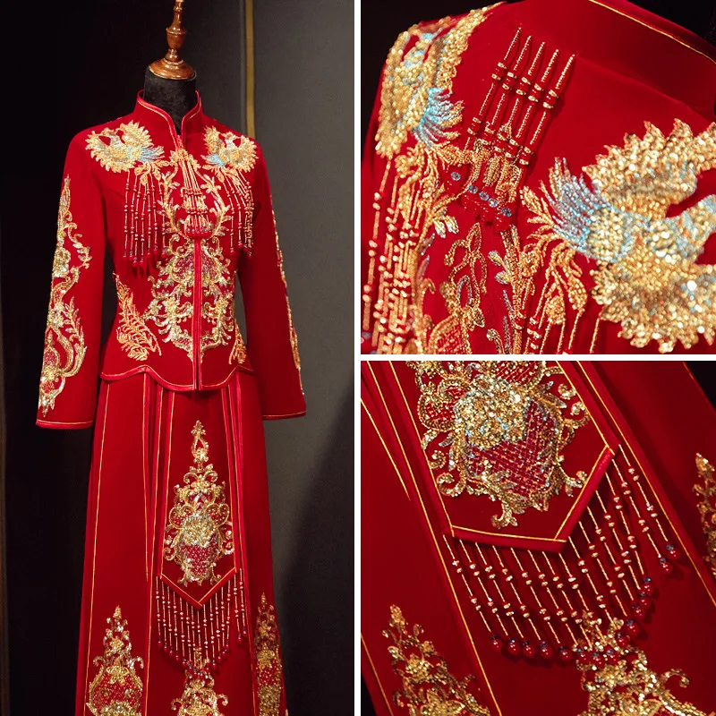 Phoenix Sequins Beaded Embroidery Tassel Velour Marry Cheongsam Traditional Chinese Bride Groom Wedding Dress Vestito Da Sposa