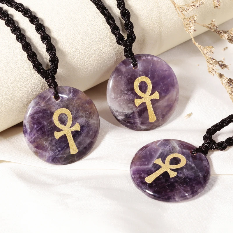 

Natural Amethyst Tiger Eye Life Symbol Pendant Necklace Healing Energy Crystal Chakra Necklace Yoga Meditation Jewelry Gifts