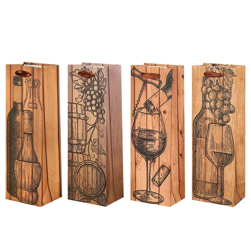 

10PCS Wood Grain Vintage Red Wine Portable Gift Bag Single Wine Bottle Pattern Paper Packet Double Champagne Thicken Handbag